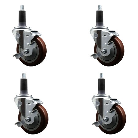 Service Caster 4'' SS Maroon Poly Swivel 1-1/8'' Expanding Stem Caster Set with Brake, 4PK SCC-SSEX20S414-PPUB-MRN-TLB-118-4